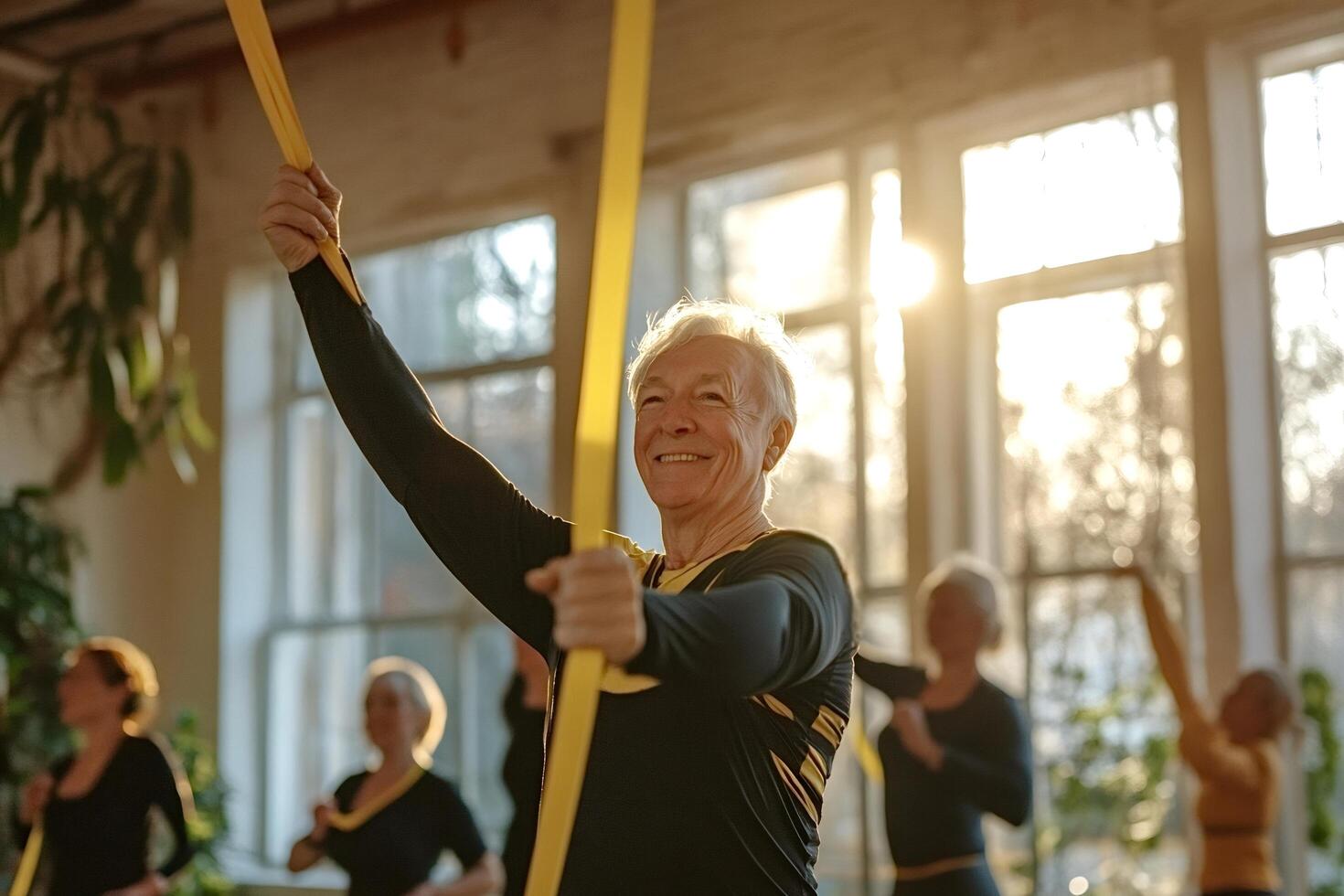 Senior man smiling and exercising with resistance band in gym class photo