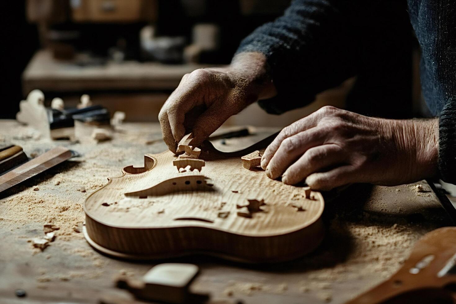 Luthier crafting a violin hands working on wooden instrument photo