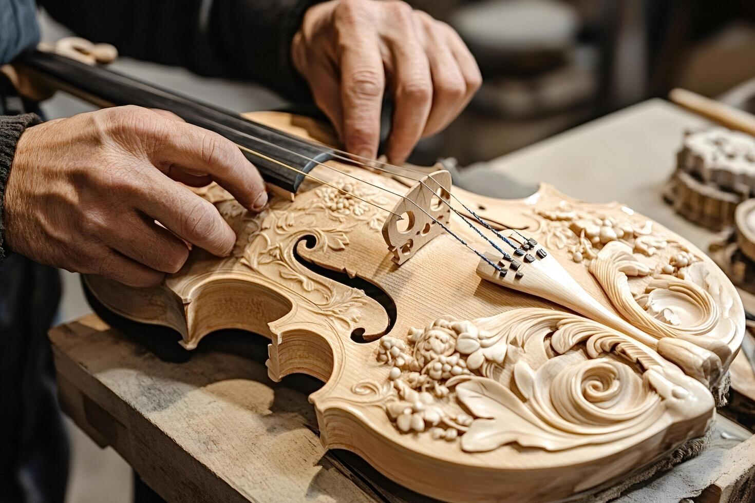 Luthier carefully placing bridge on custom crafted violin photo
