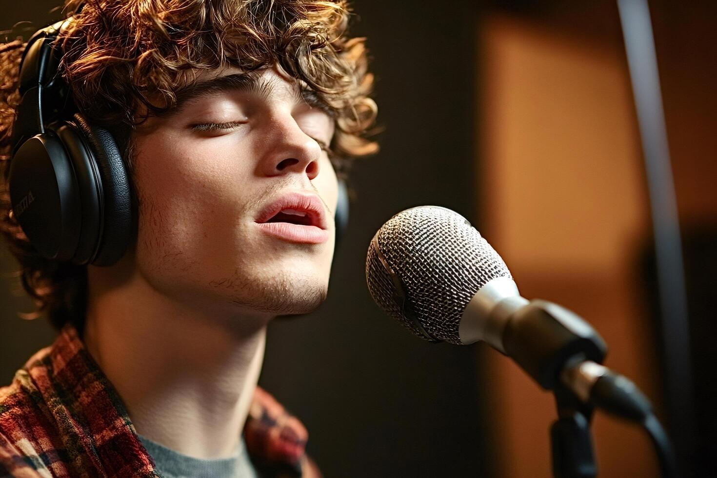 Young man singing with headphones and microphone in recording studio photo