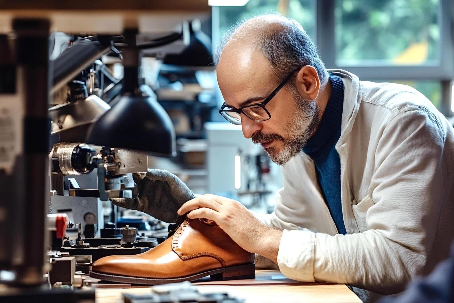 Shoemaker working on leather shoe in workshop photo