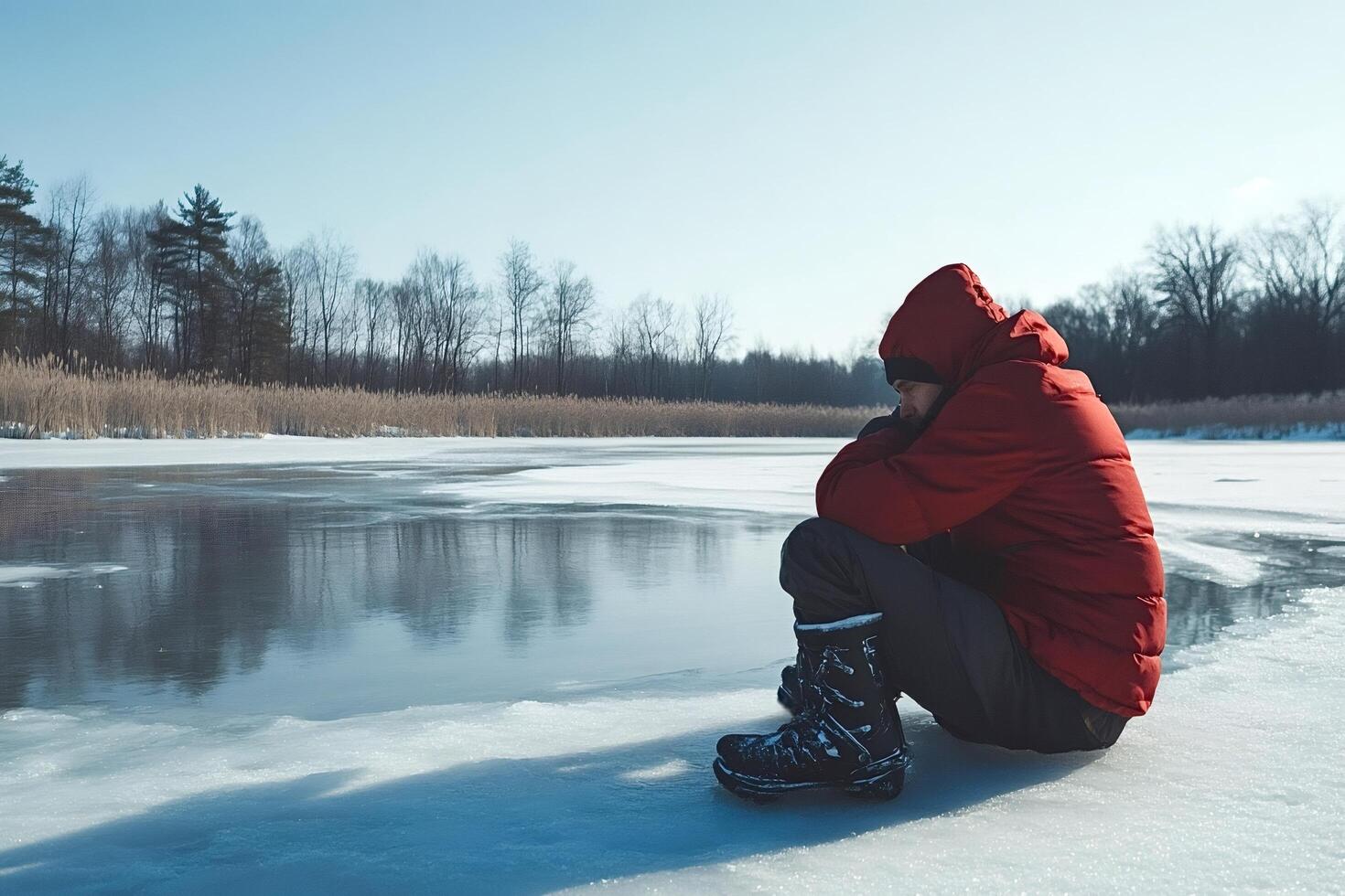 Hiker resting on frozen lake during winter hike photo