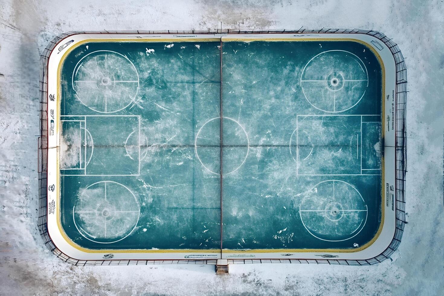 Frozen outdoor hockey rink covered in snow during winter season photo