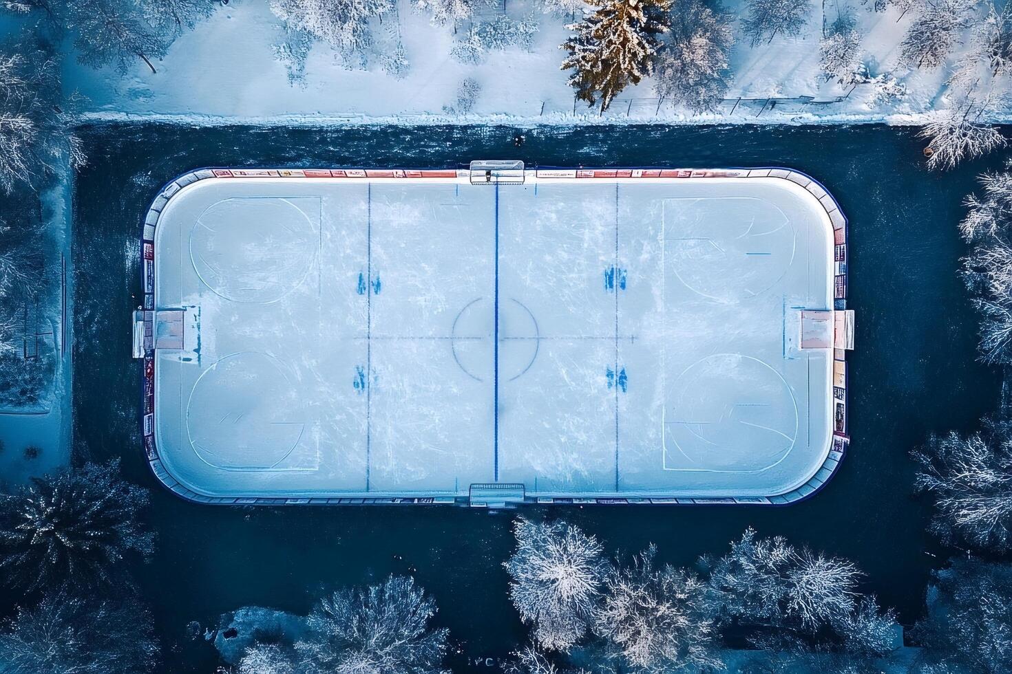 Outdoor ice hockey rink covered in snow during winter, aerial view photo