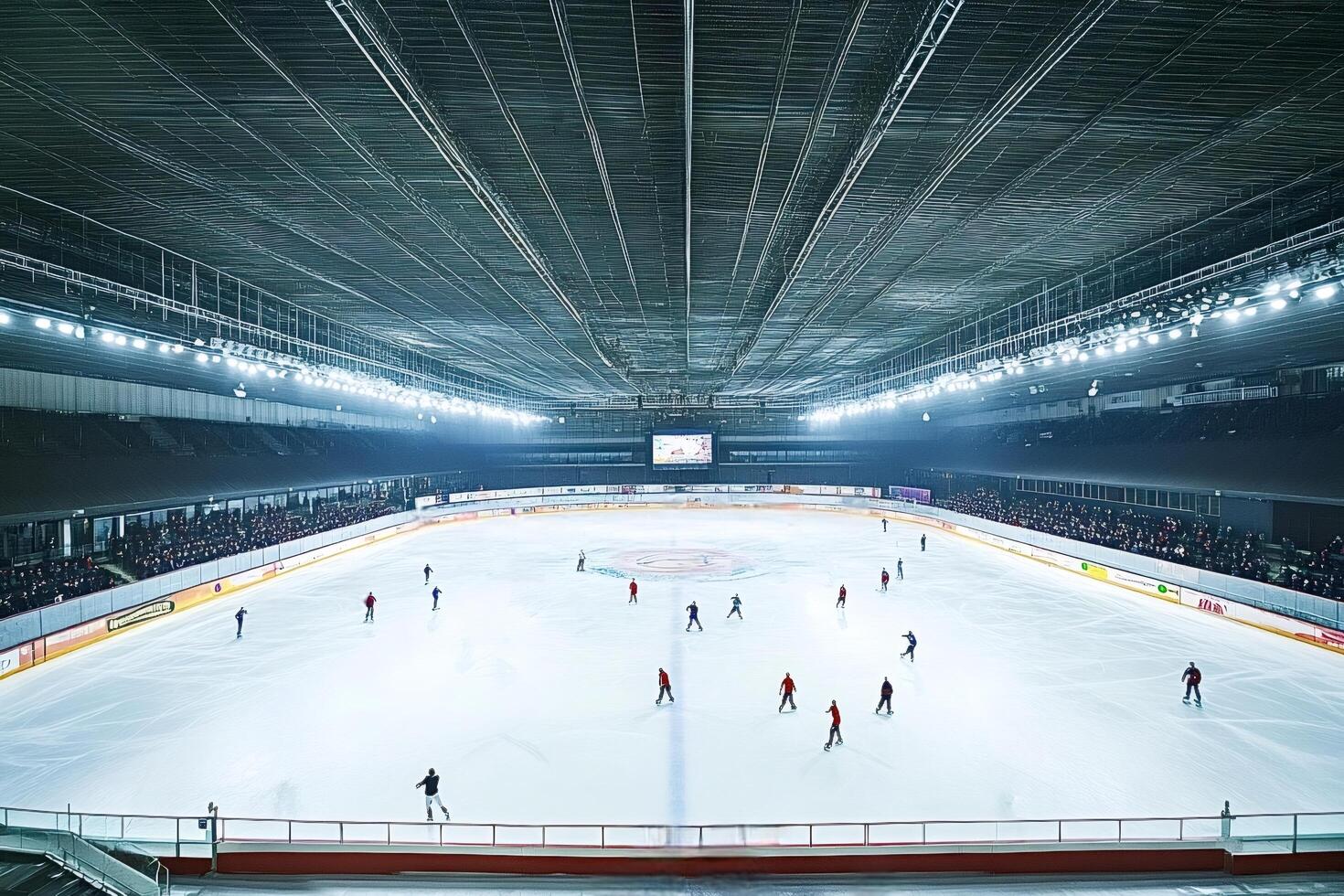 Ice hockey players training on ice rink in a large arena photo