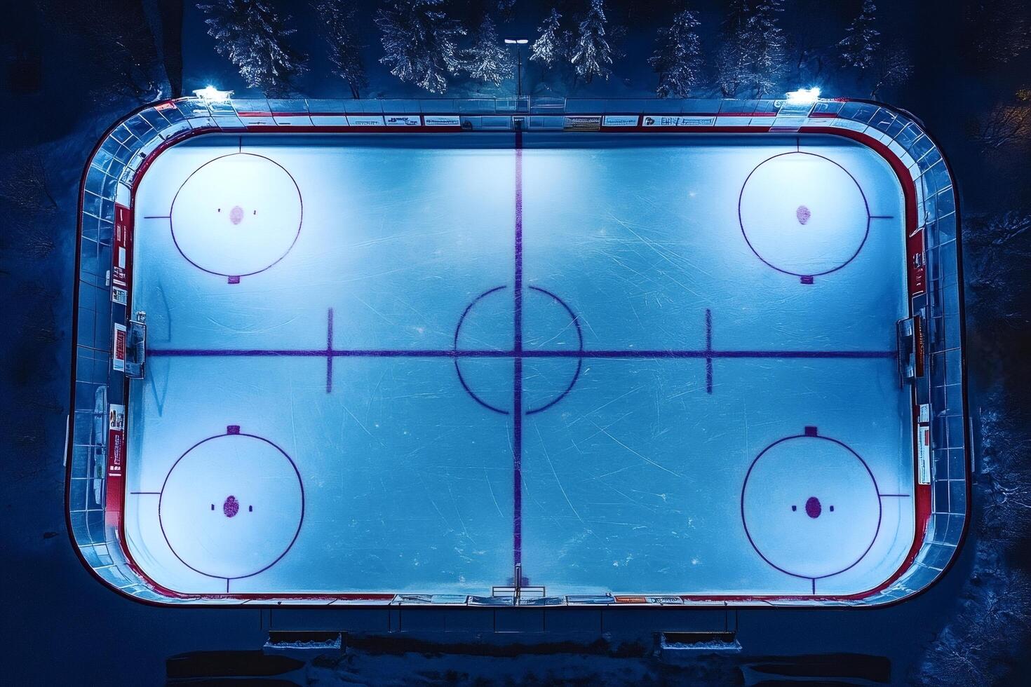 Empty illuminated outdoor ice hockey rink at night surrounded by snowy forest photo