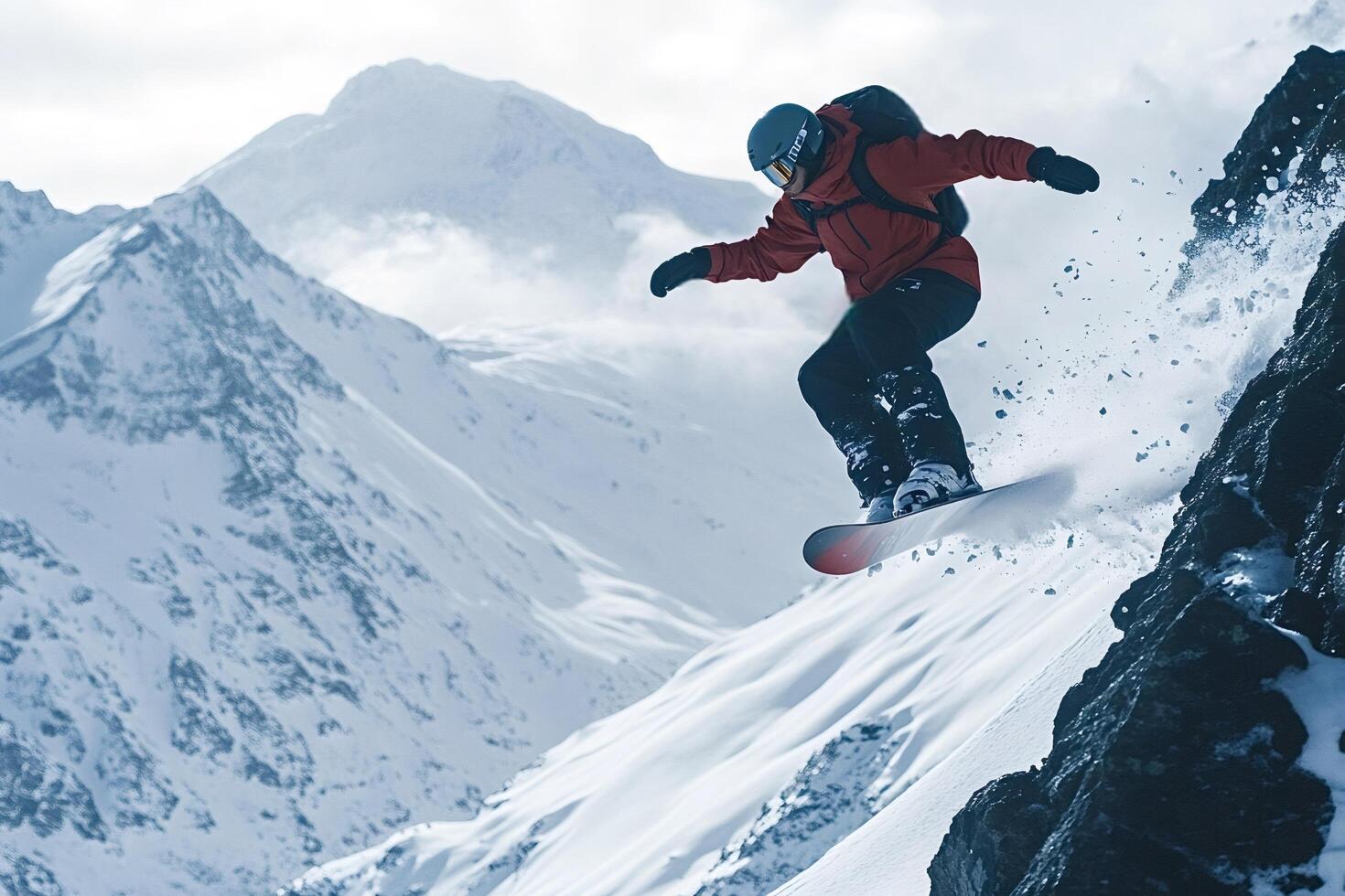 Snowboarder jumping from a cliff in snowy mountains photo