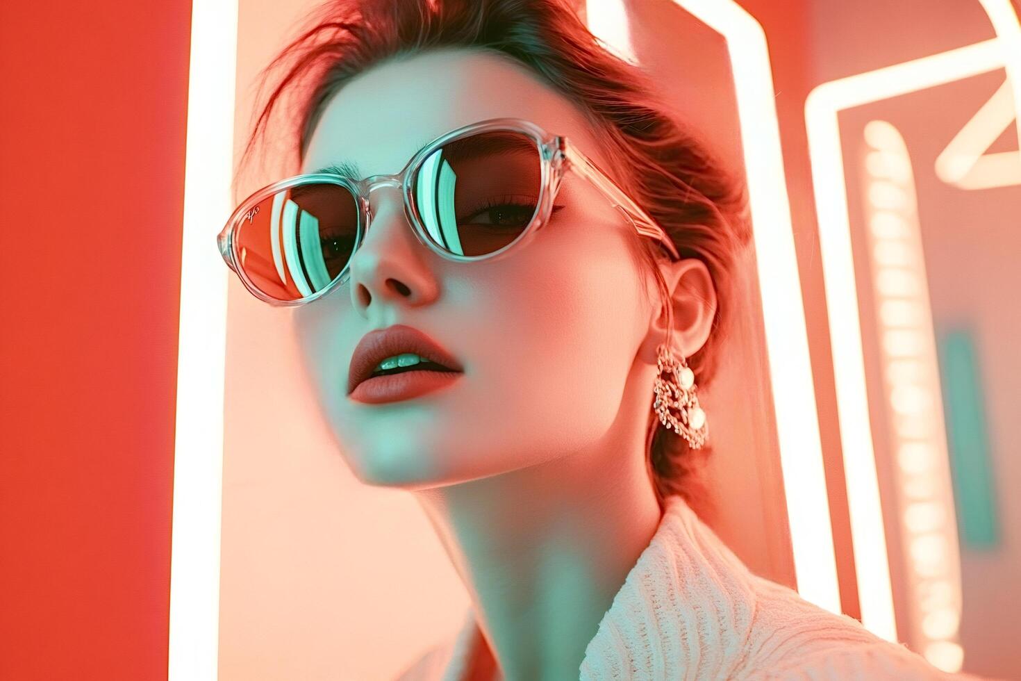 Fashion model posing with sunglasses and neon lights photo