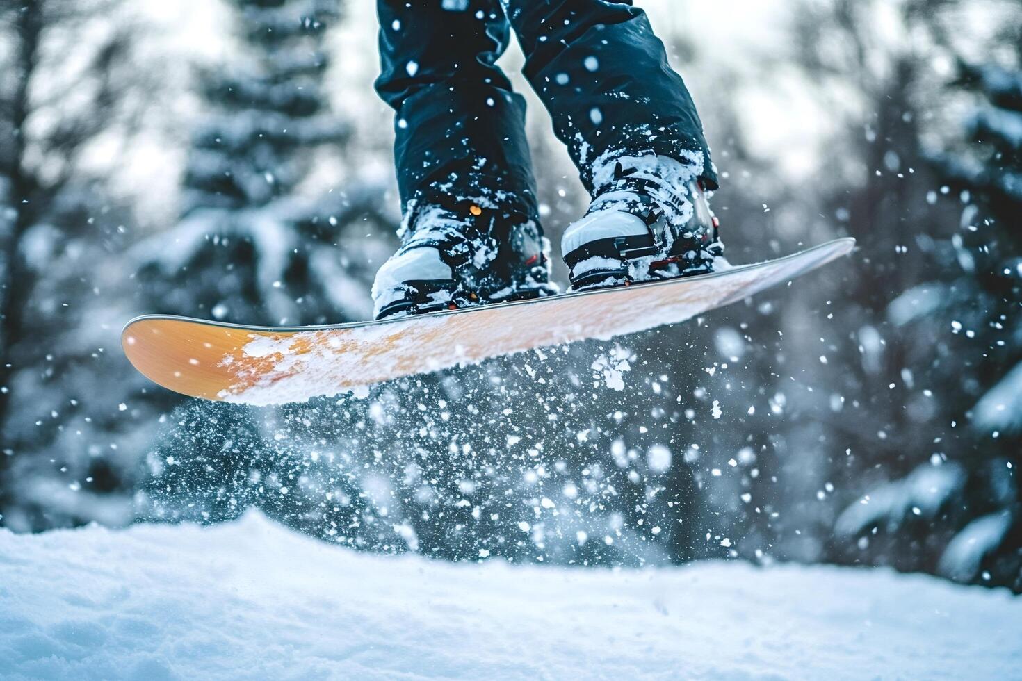 Snowboarder jumping and making snow fly in a snowy forest photo