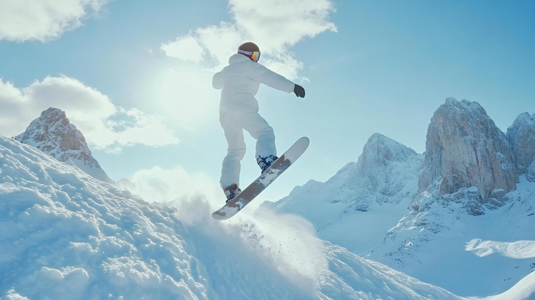 Snowboarder jumping on snowy mountain slope on sunny day photo
