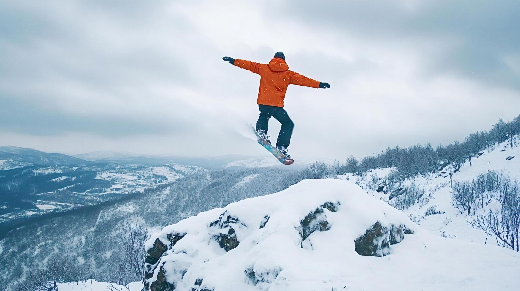 Snowboarder jumping from snowy mountain cliff in winter photo