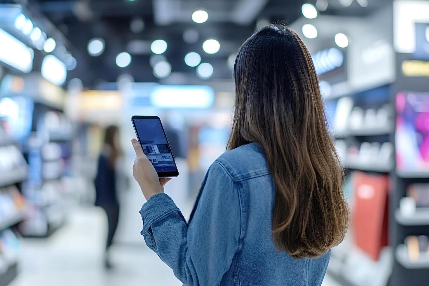 Customer using smartphone for online shopping in retail store photo