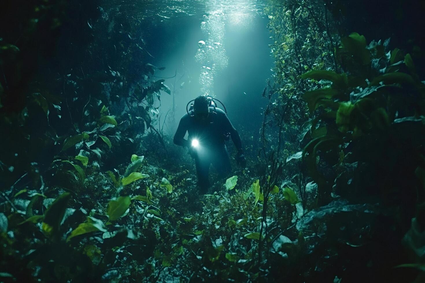 Diver exploring lush underwater cave with flashlight photo