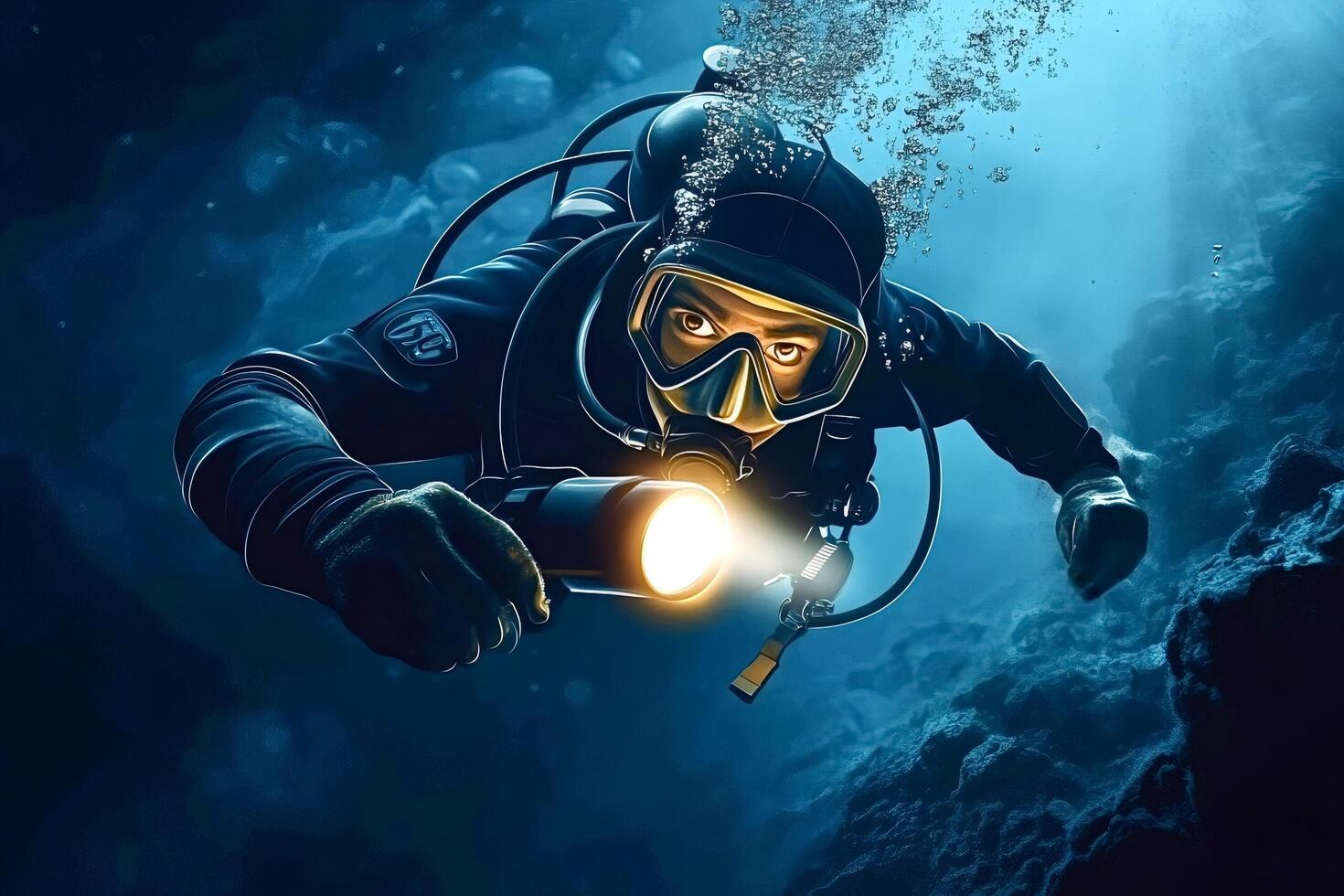 Professional diver exploring dark ocean depths with underwater flashlight photo