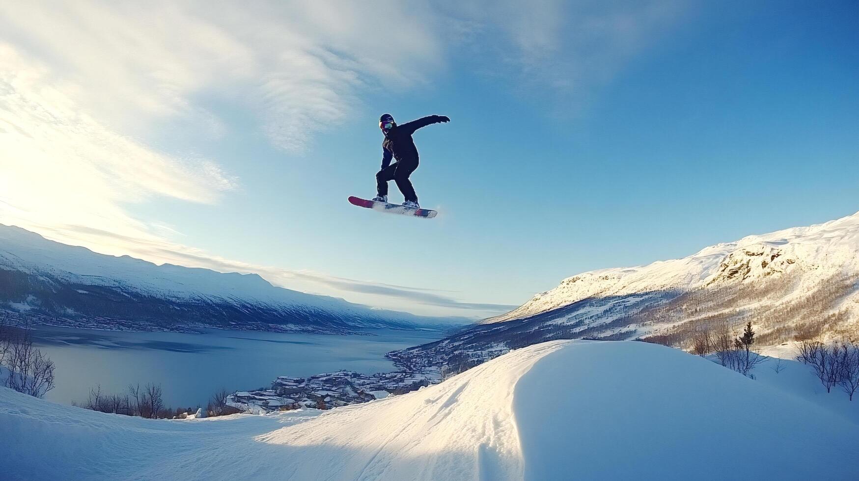 Snowboarder jumping with snowy mountains and fjord in background photo
