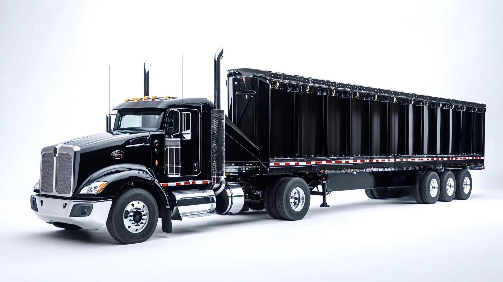 Shiny black semi-truck with empty trailer in studio setting photo