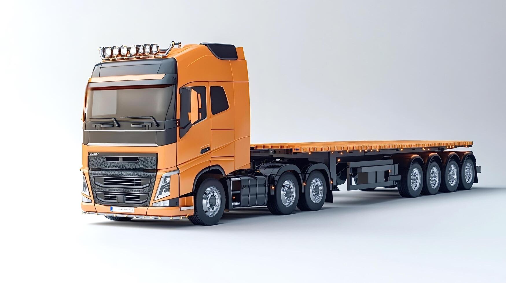 Orange volvo fh16 750 flatbed trailer truck standing on white background photo