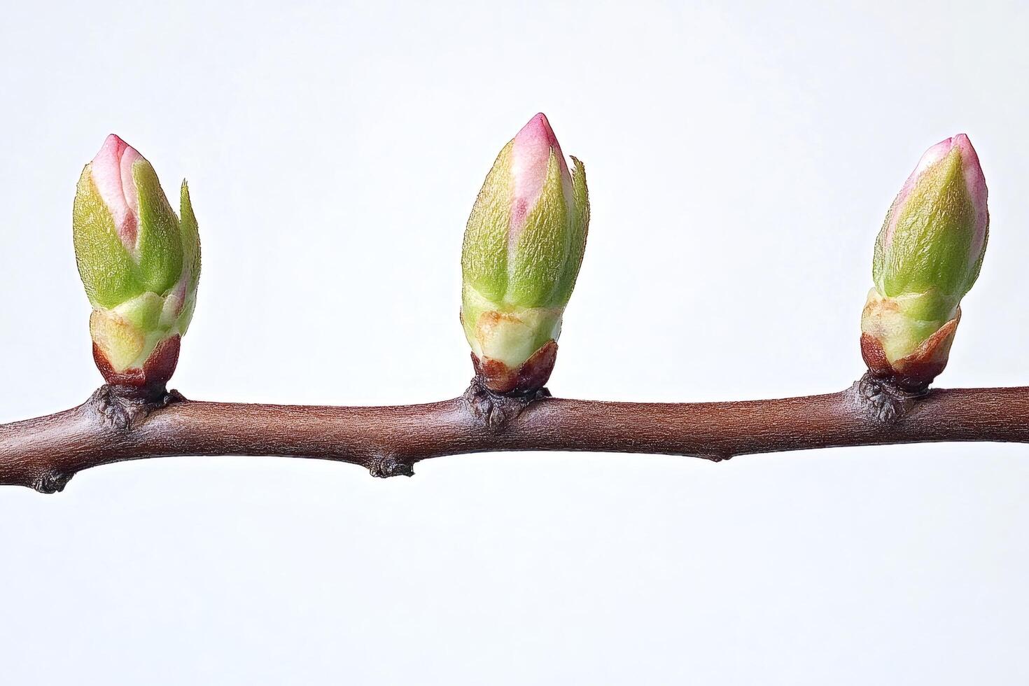 Three pink and green buds growing on a branch in spring photo