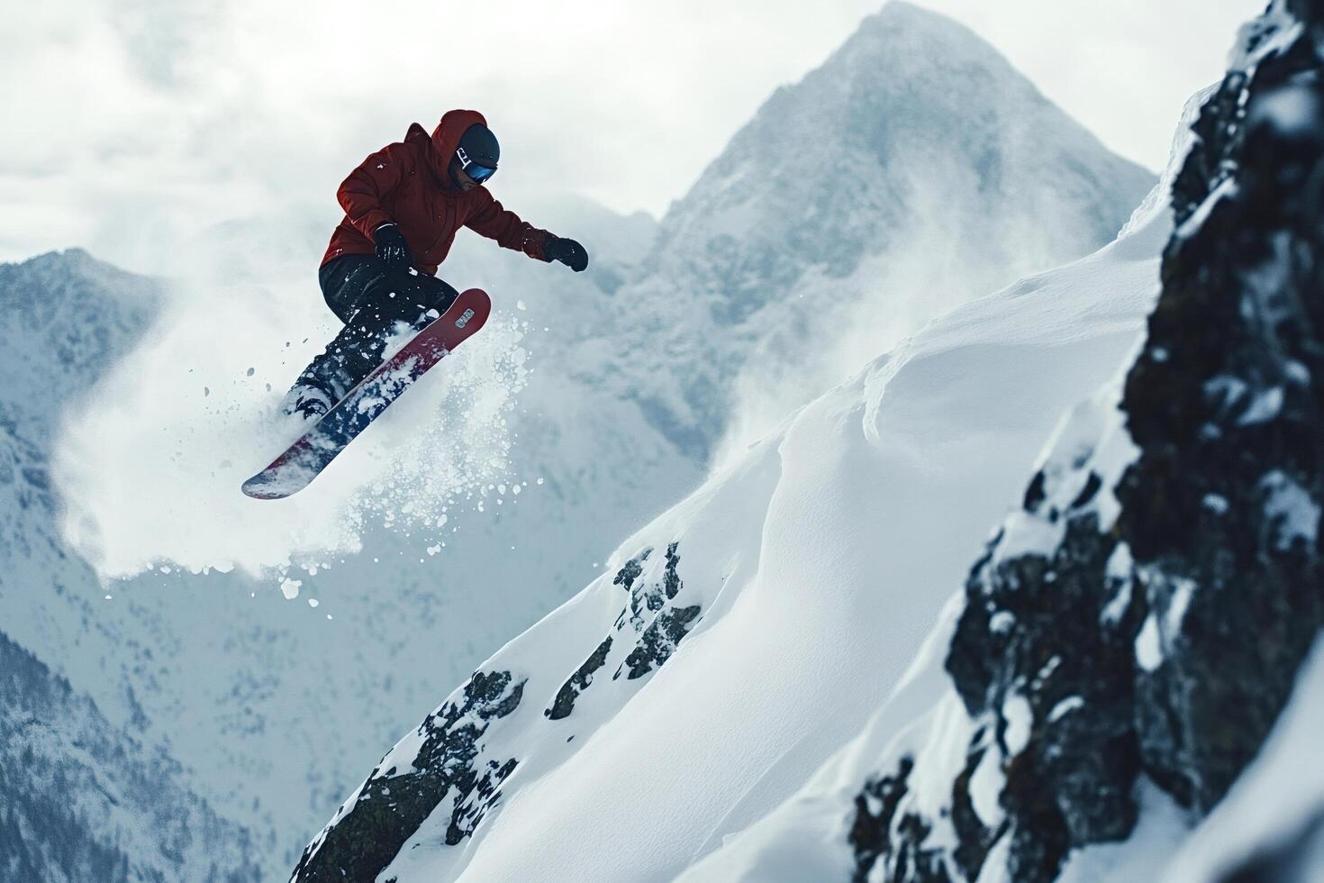 Snowboarder jumping from snowy mountain peak photo