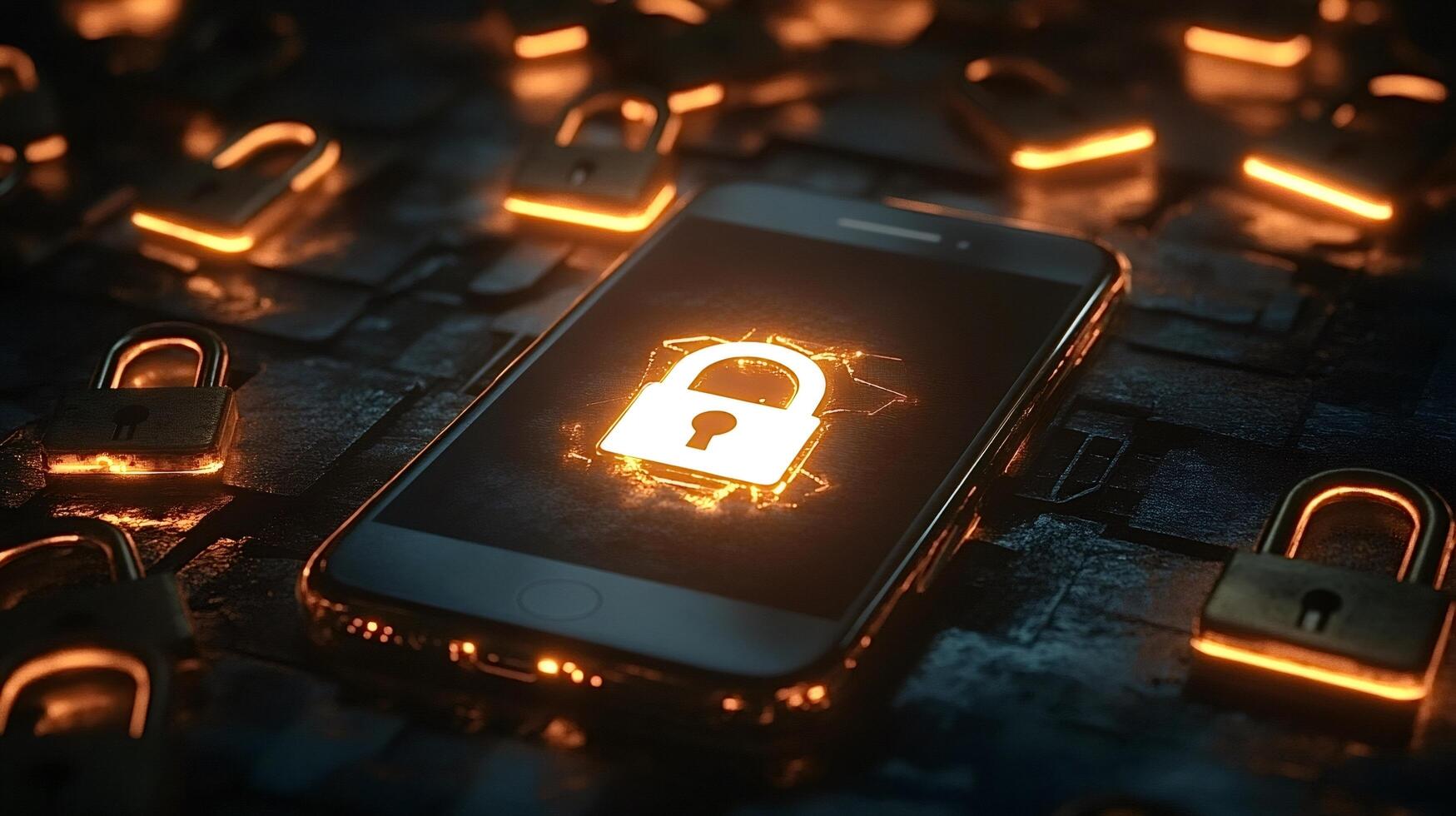 Smartphone showing security lock icon surrounded by padlocks mobile security photo