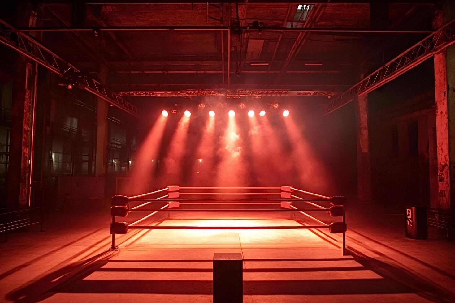 Empty boxing ring illuminated by red spotlights in a dark industrial venue photo