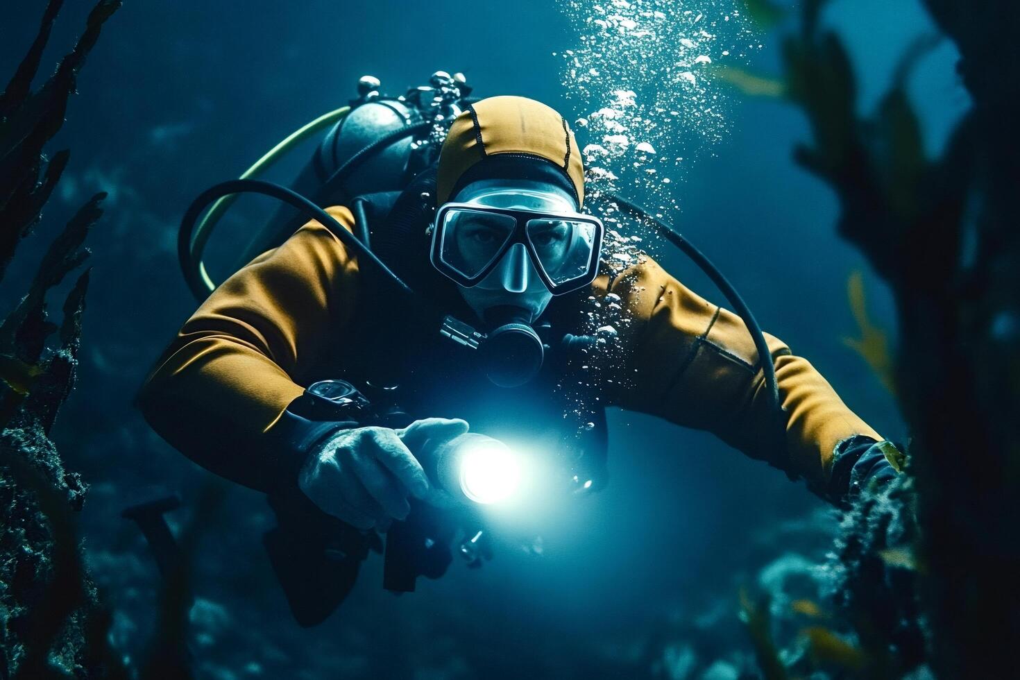 Professional diver exploring underwater world with dive light photo