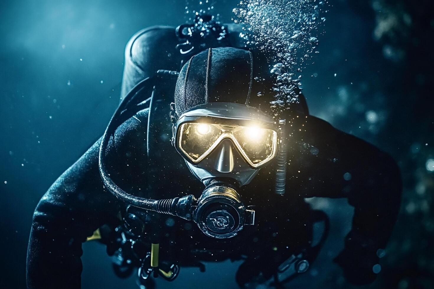 Professional diver exploring deep ocean with underwater lights photo