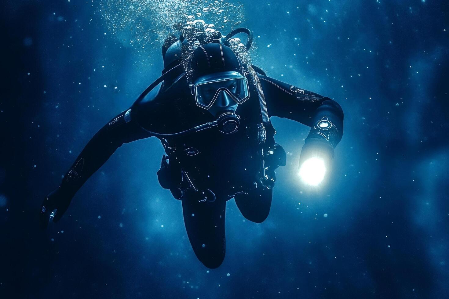 Scuba diver exploring deep ocean with underwater flashlight photo