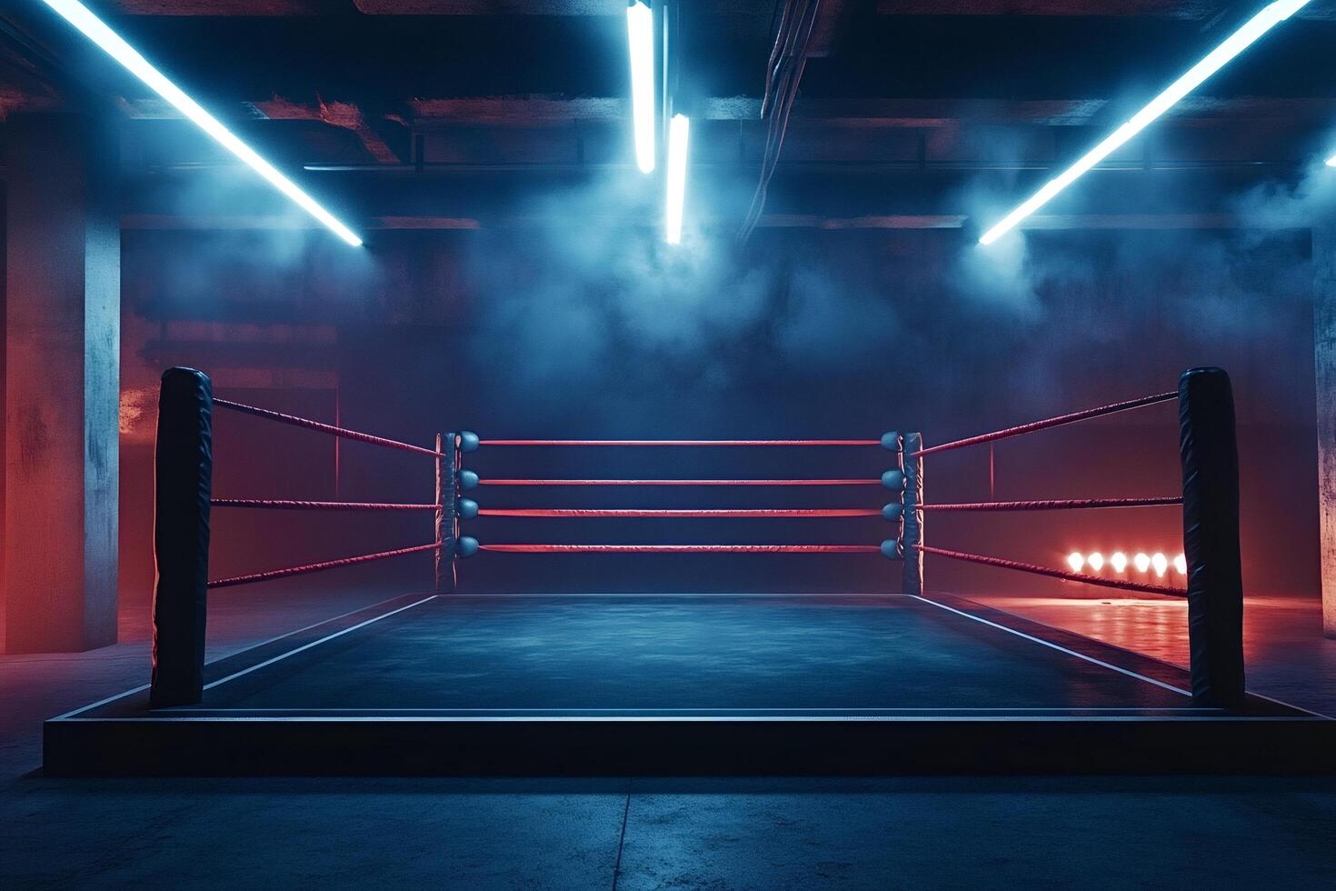 Boxing ring standing in dramatic empty room with neon lights photo