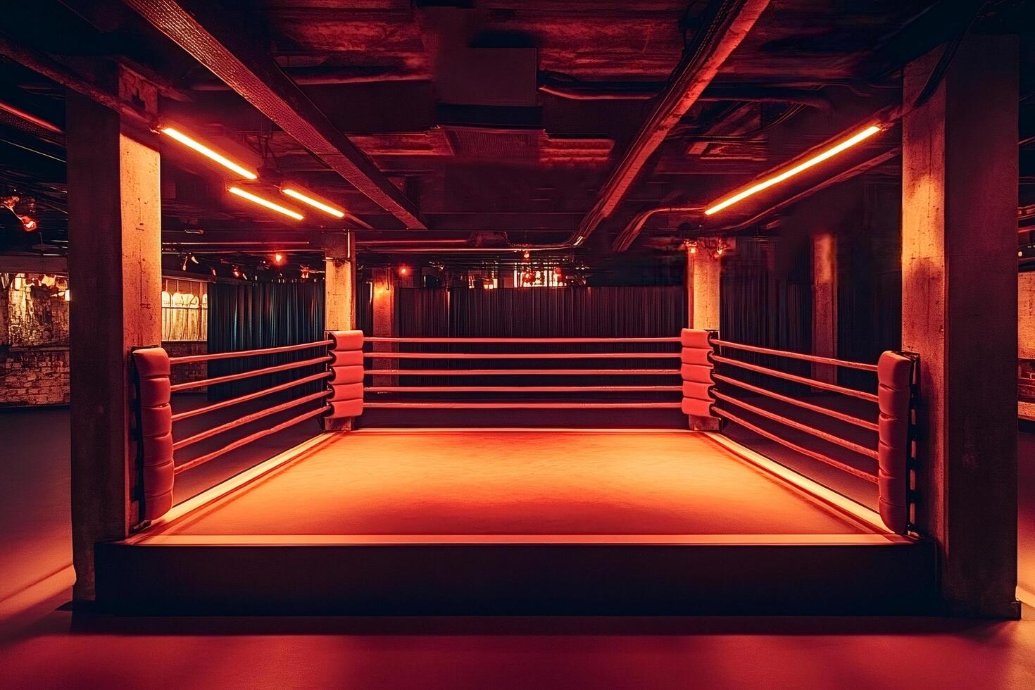Empty boxing ring illuminated by red lights in underground venue photo