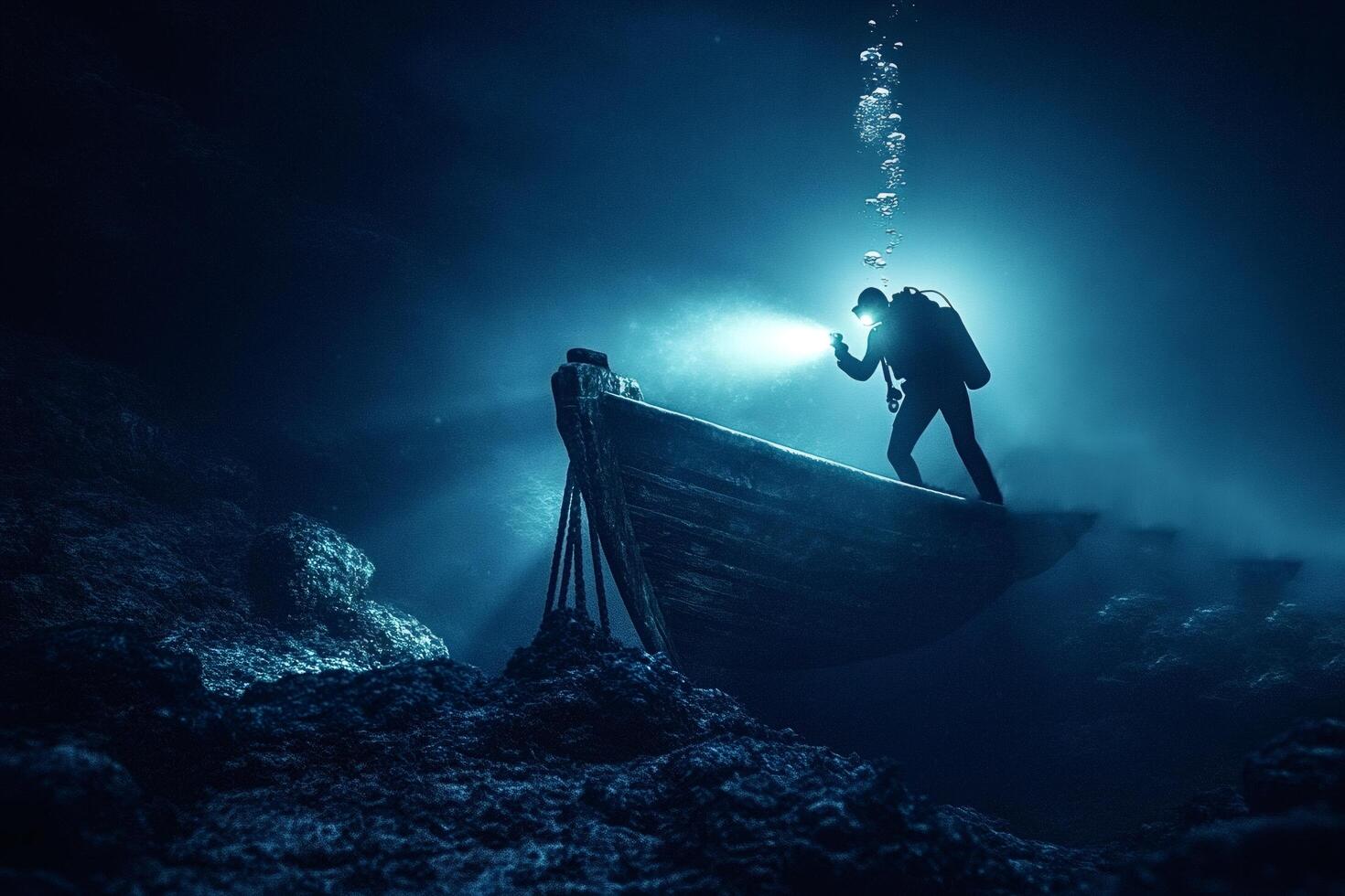 Diver exploring sunken boat in deep ocean at night photo