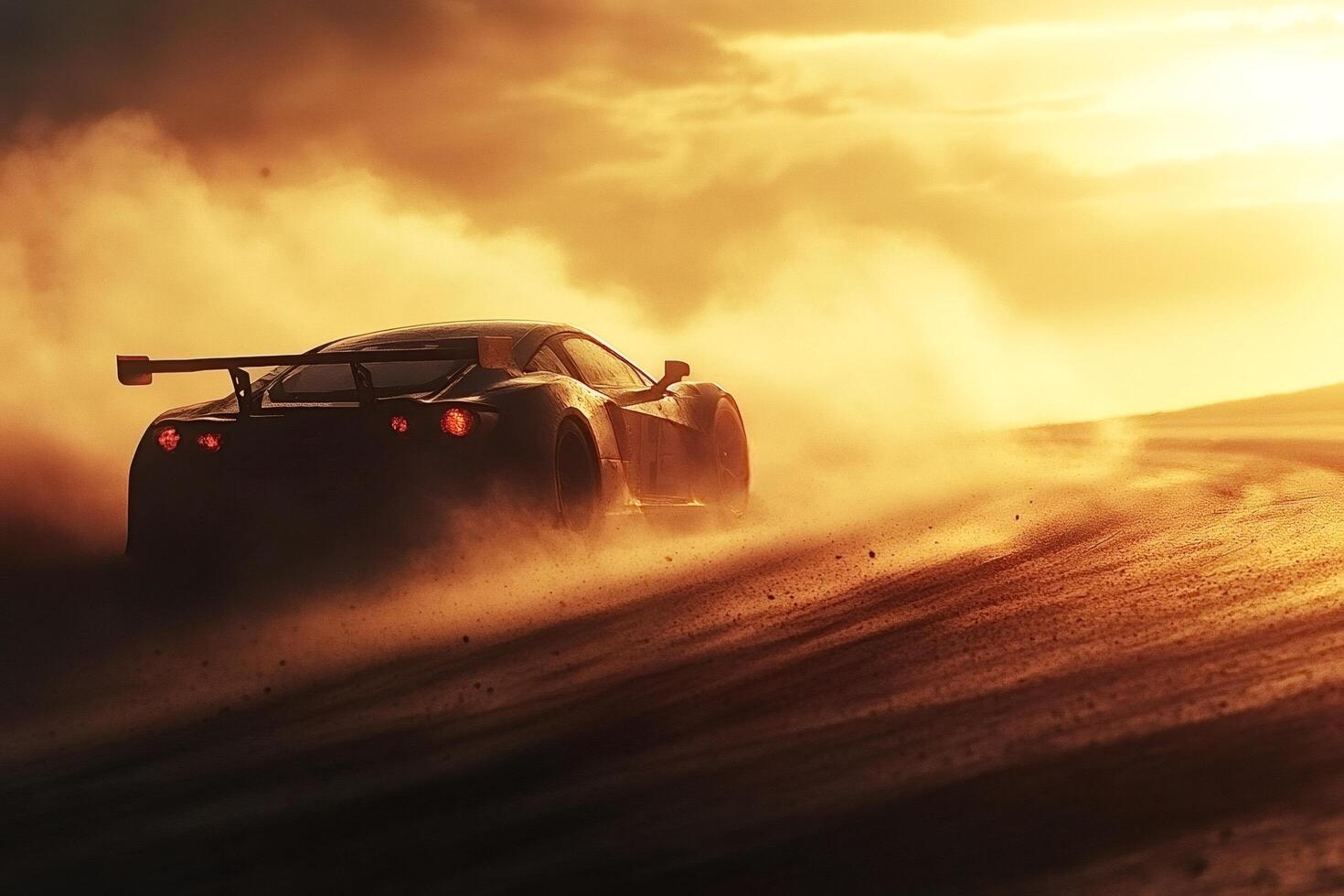 Racing car speeding on dirt track at sunset, leaving trail of dust photo