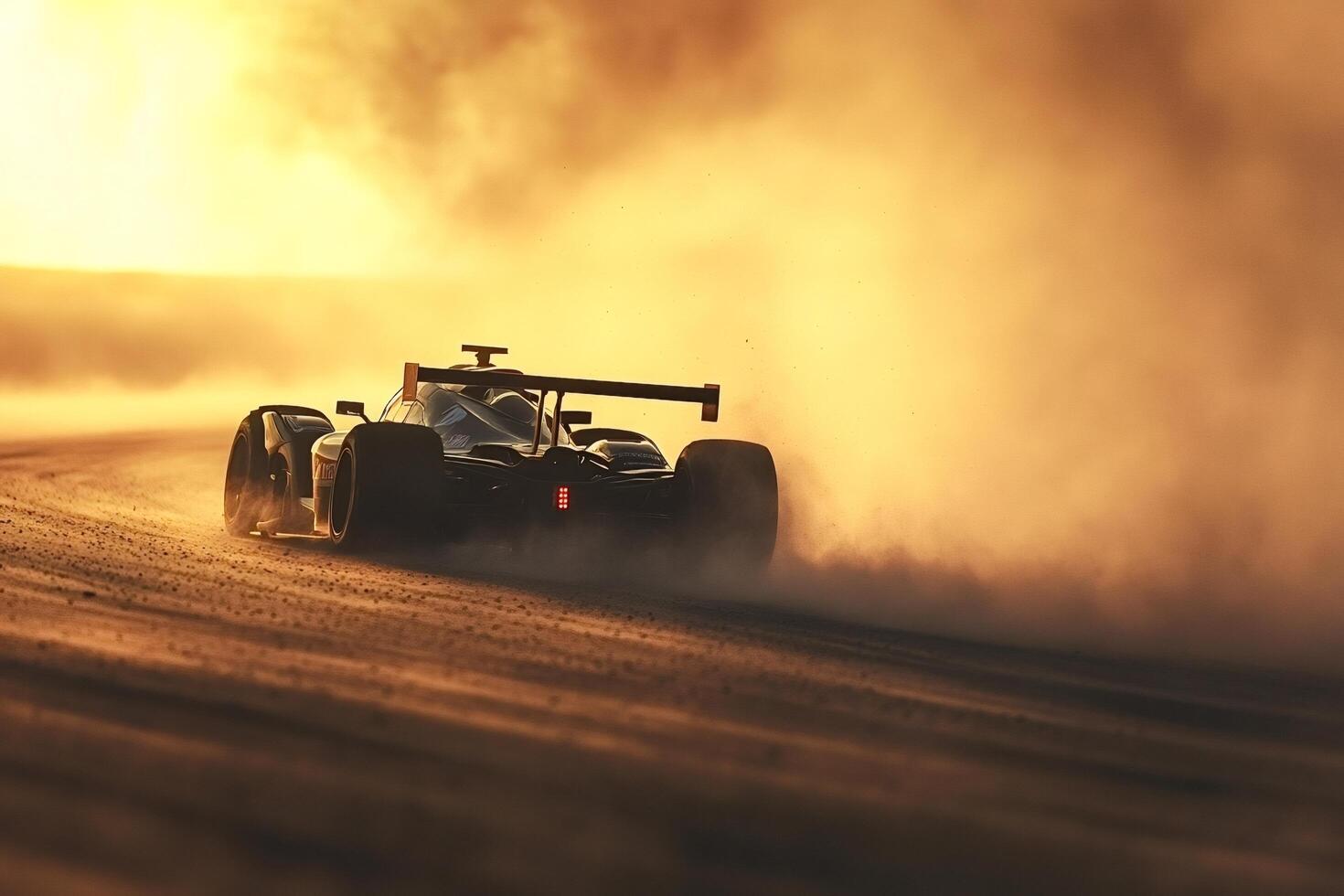 Formula one car drifting on a dusty track during sunset photo
