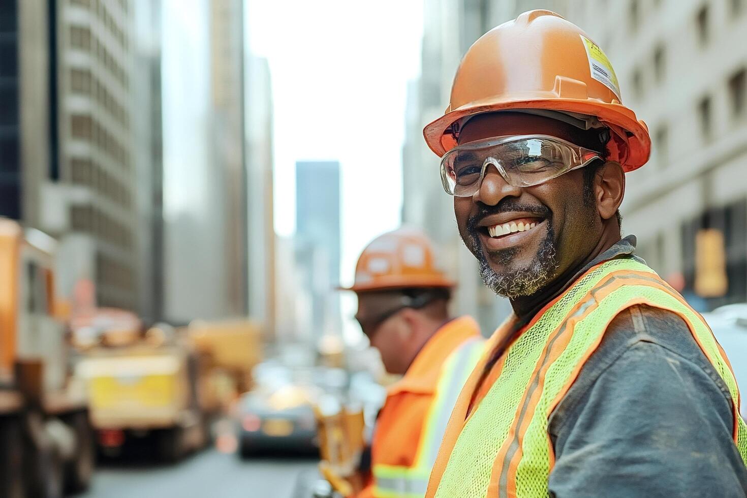 Construction worker smiling on a city street photo