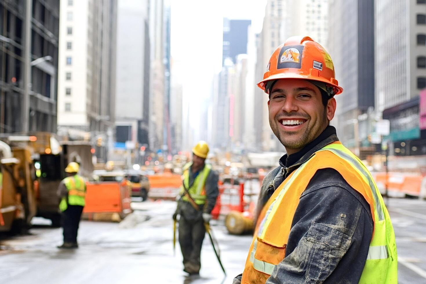 Smiling construction worker wearing hard hat and safety vest in city photo