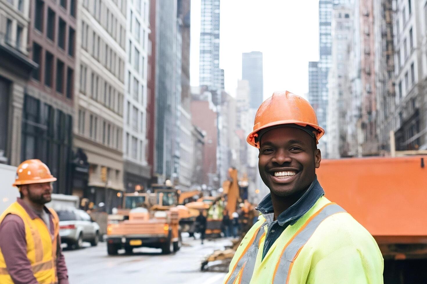 Smiling construction worker wearing hard hat in city street photo