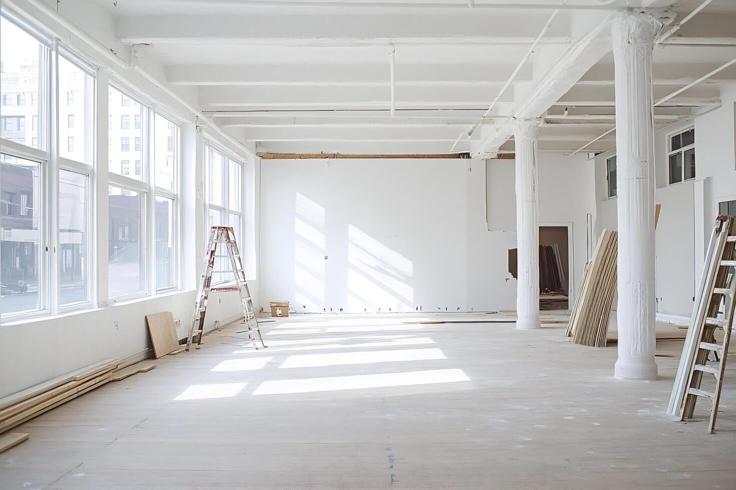 Empty room undergoing renovation with construction materials and ladders photo