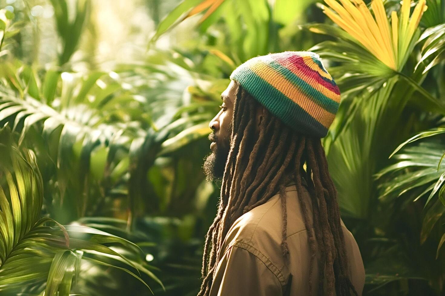 Rastafarian man wearing rasta colors beanie observing tropical nature photo