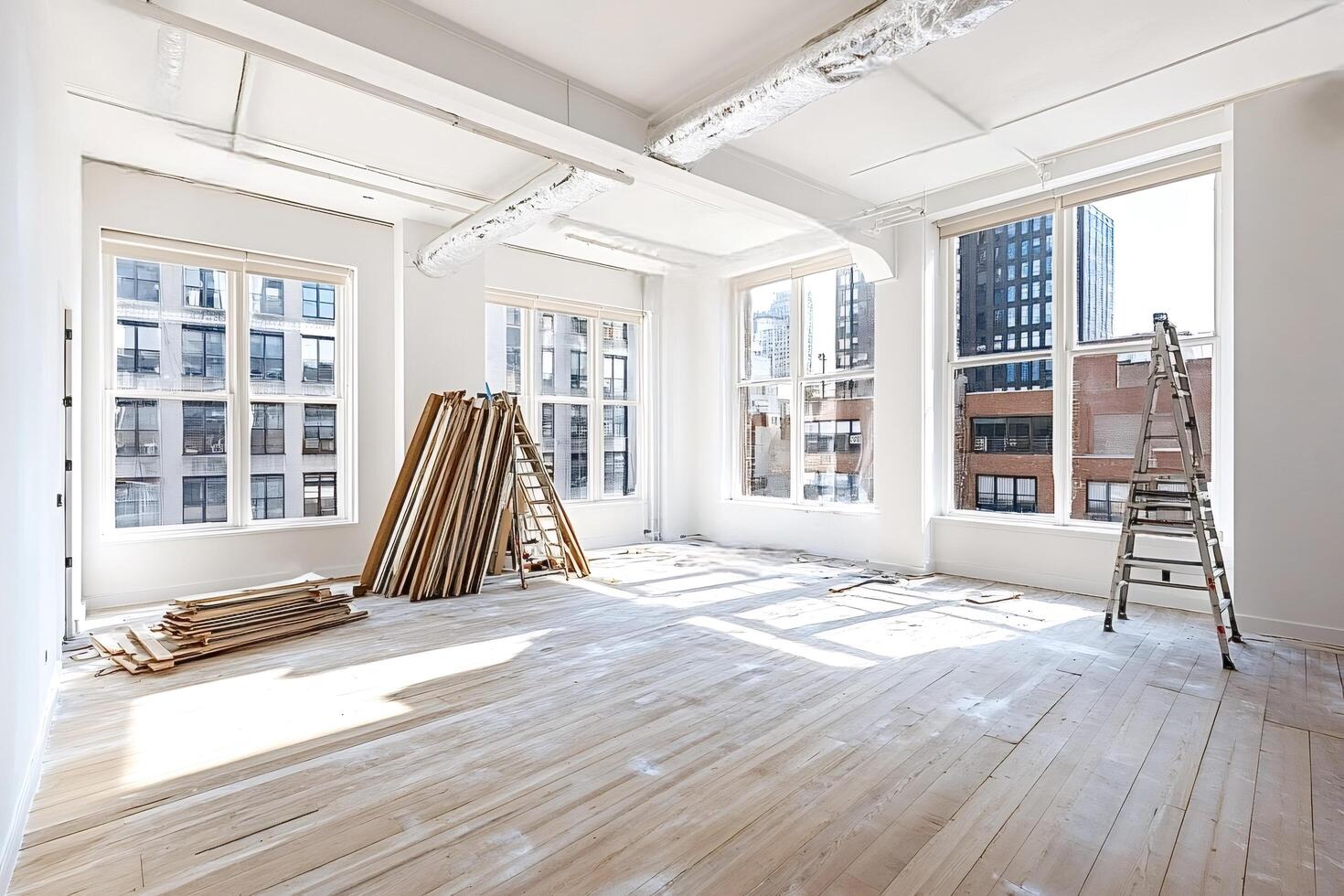 Empty room undergoing renovation with construction materials and ladder photo