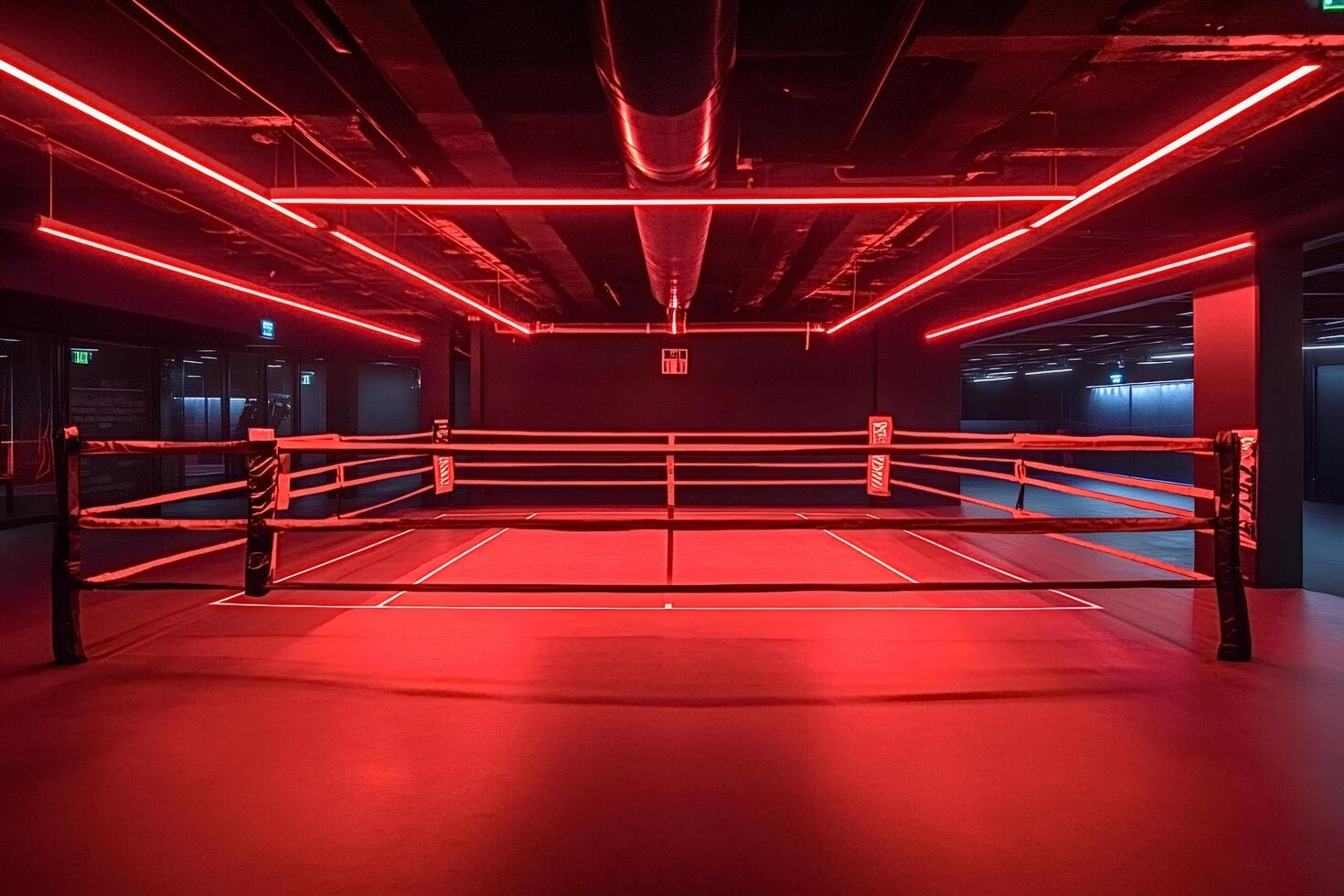 Empty boxing ring illuminated by red neon lights in modern gym photo