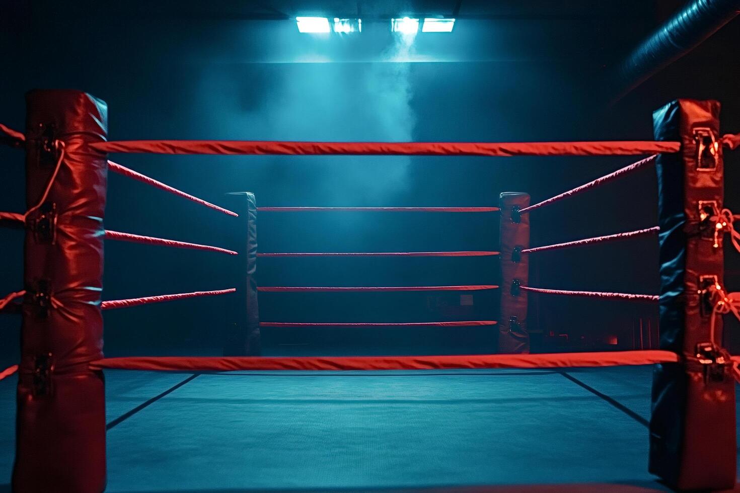 Empty boxing ring awaits fighters under blue lights photo