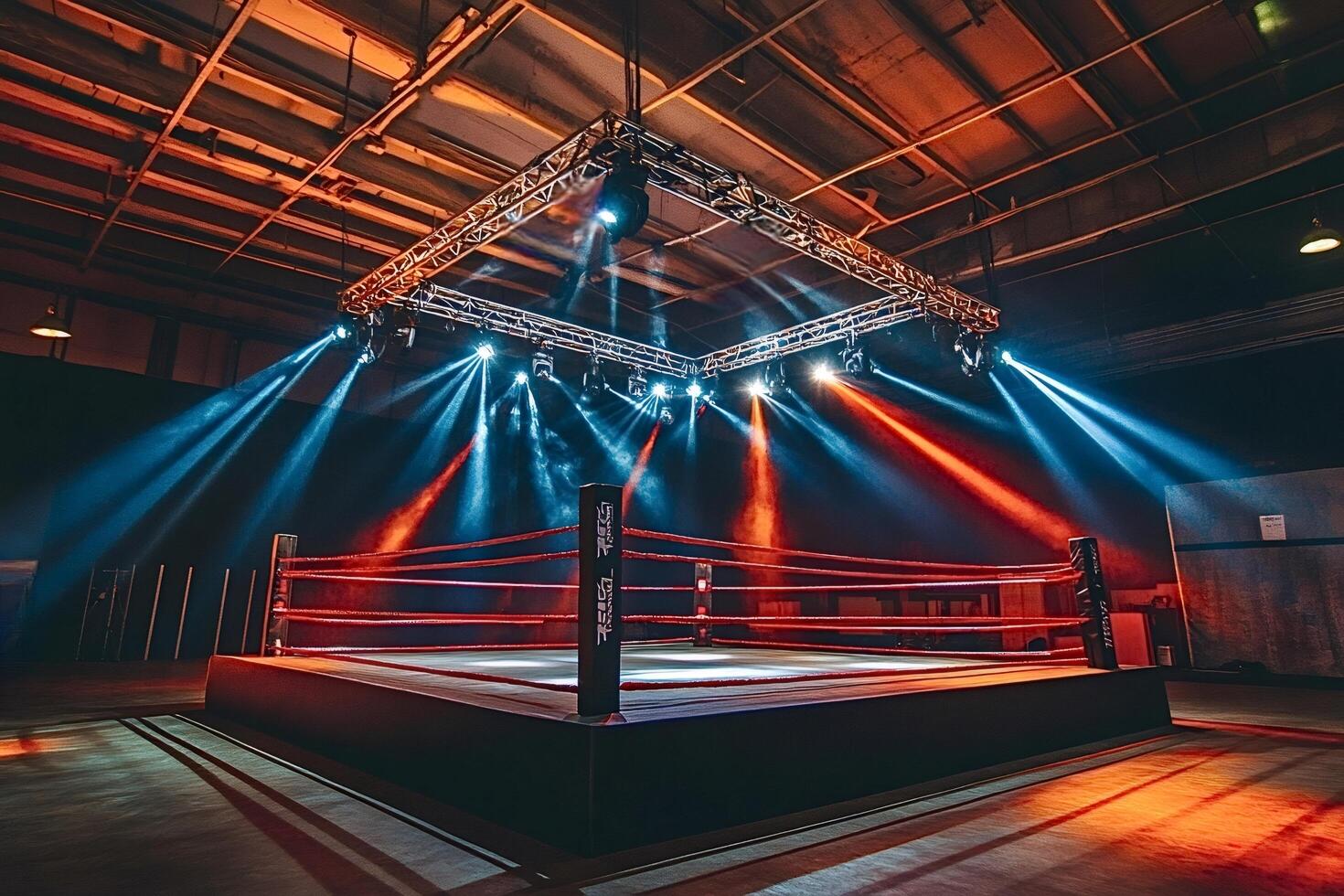 Empty boxing ring illuminated by stage lights in large venue photo