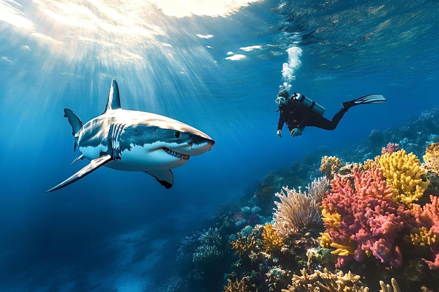 Great white shark swimming near scuba diver exploring coral reef photo