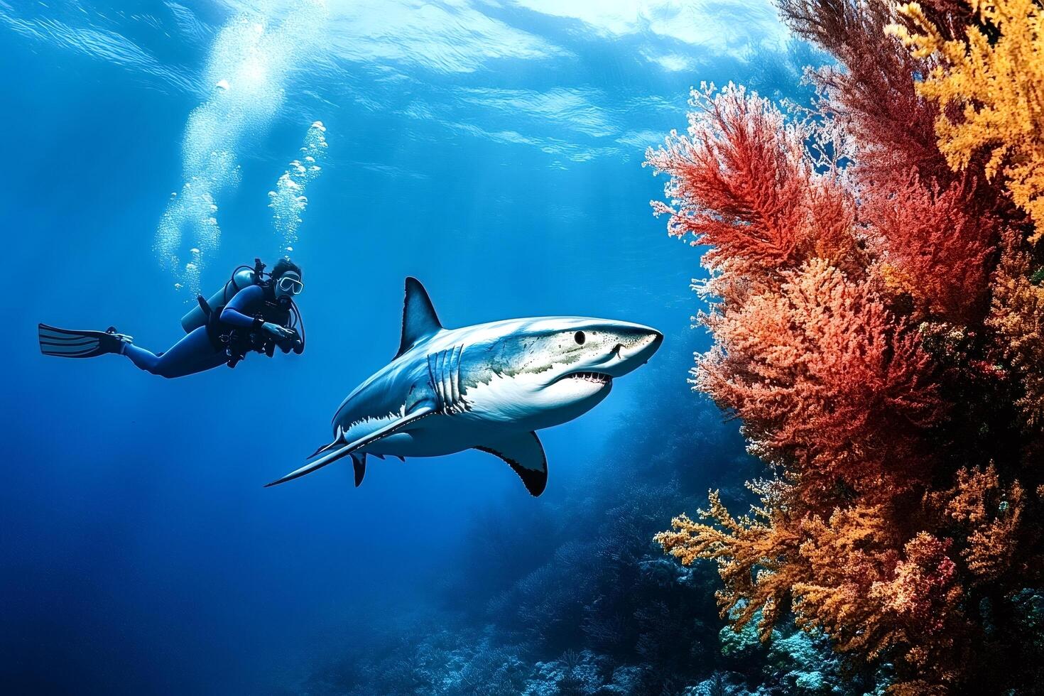 Diver swimming near shark and colorful coral reef photo