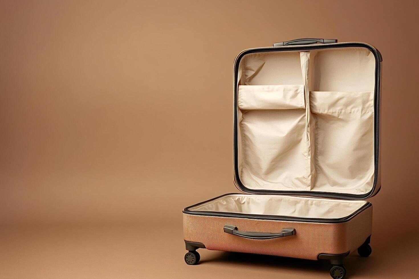Modern suitcase open and ready for packing on brown background photo