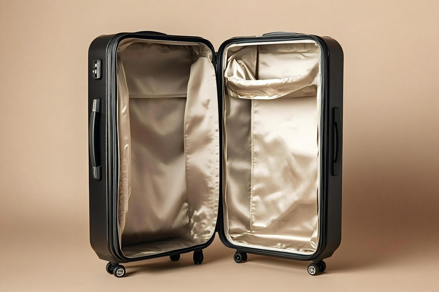 Open empty suitcase on wheels getting ready for travel photo