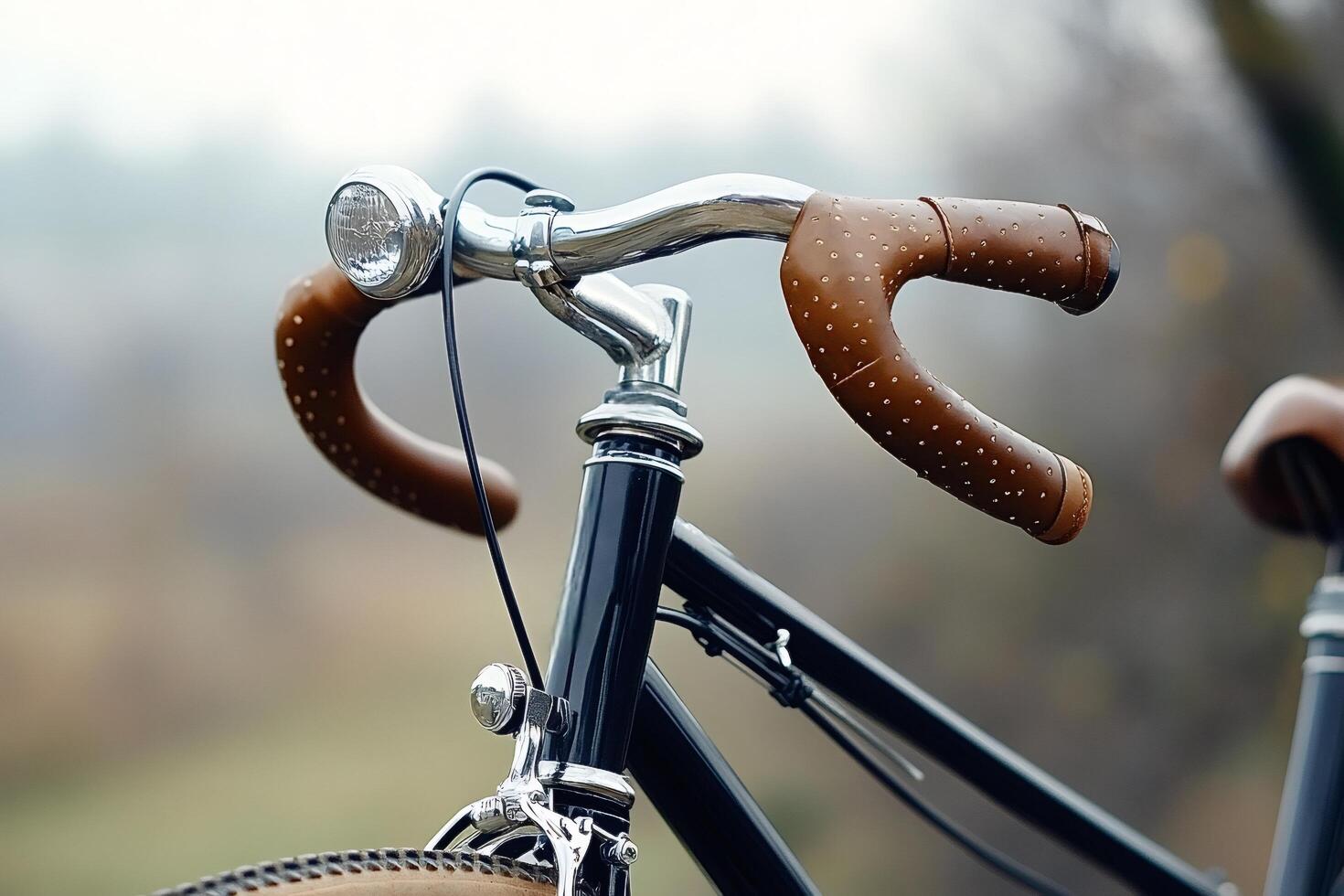 Close-up of vintage bicycle handlebars with leather grips and headlight photo