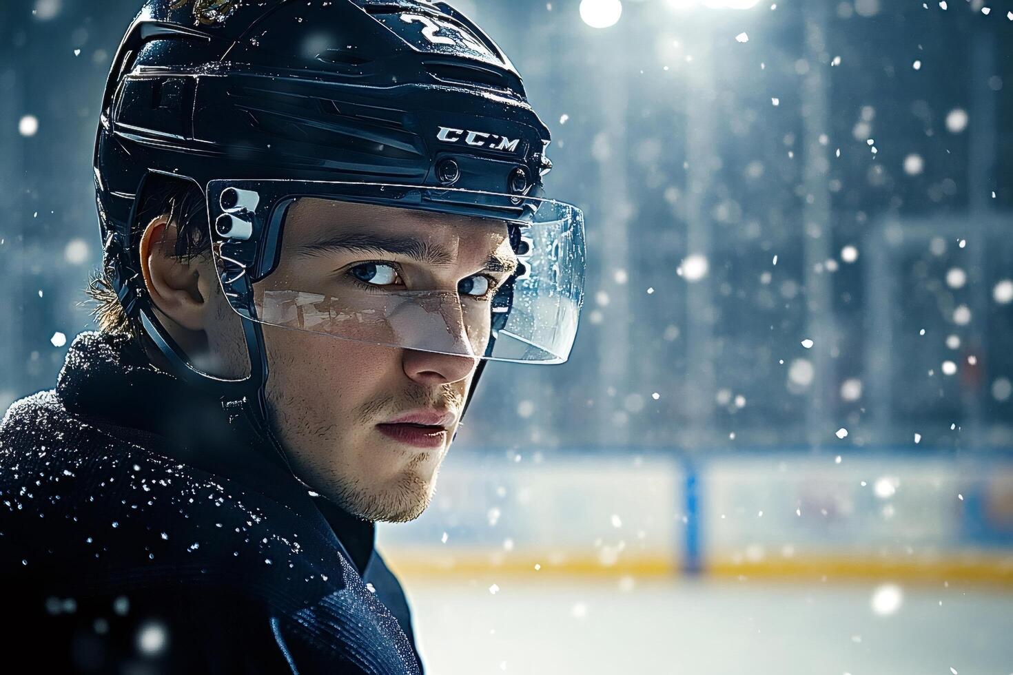 Ice hockey player wearing helmet and face mask during snowfall photo