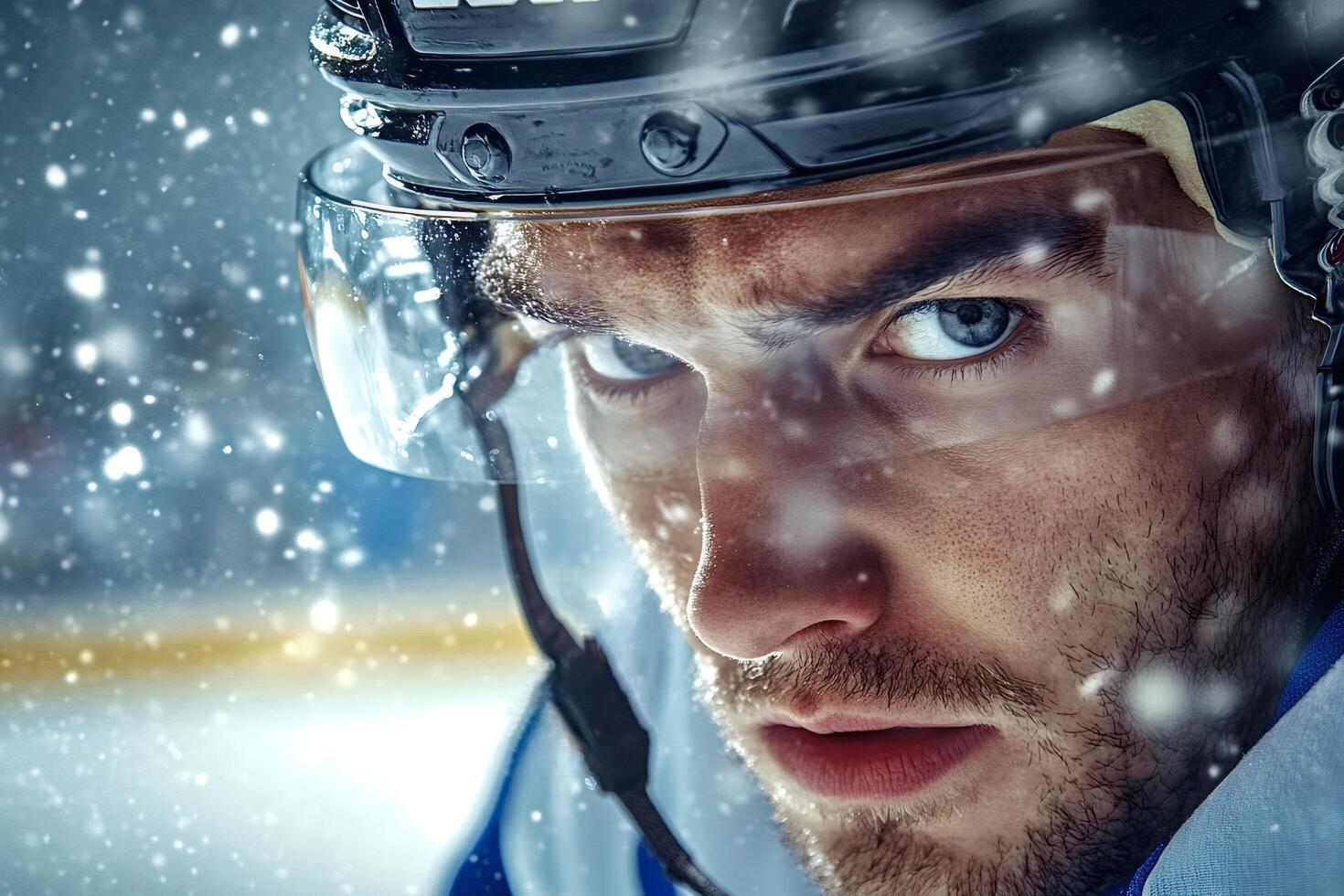 Ice hockey player wearing helmet during snowfall on ice rink photo