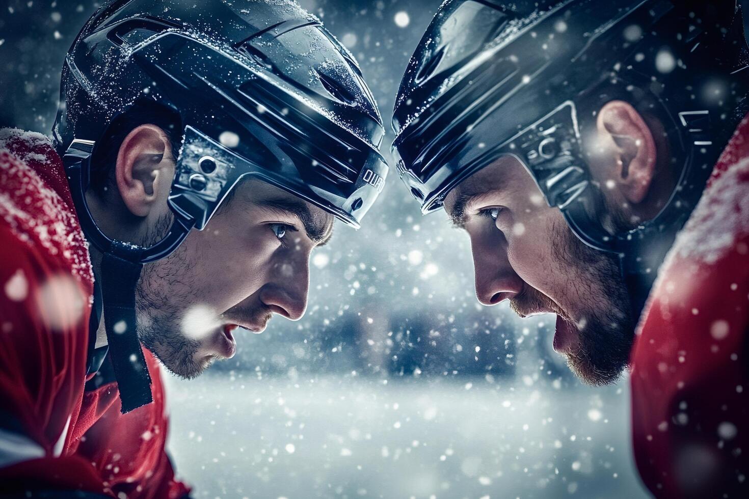 Two hockey players challenging each other during snowfall photo